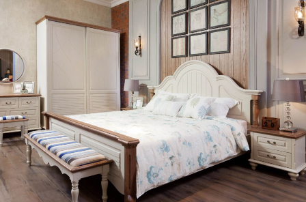 <b>莎利家具</b>卧房四件套 美式休闲、1.8米大床、床头柜两个、斗柜一个